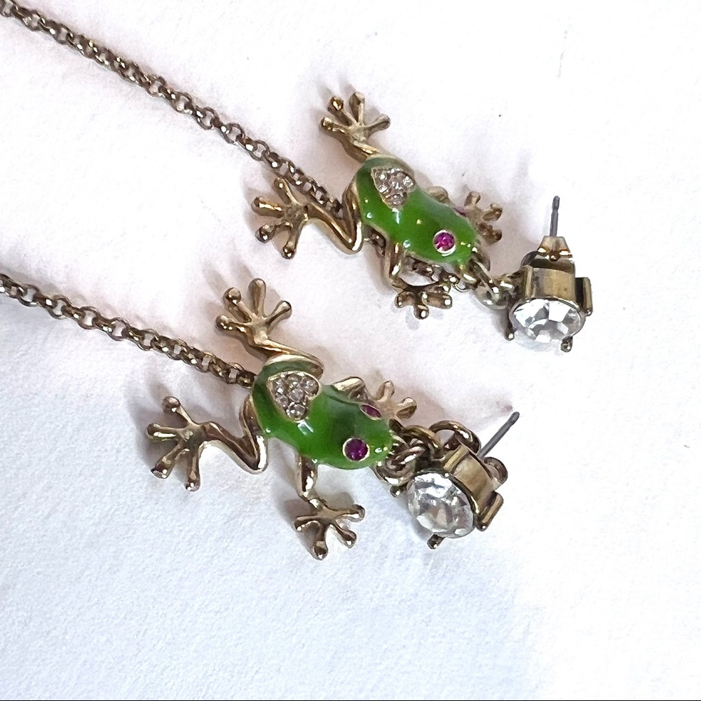 Frog Earrings Cutest Vintage Retro Post Dangle Green Pink Enamel Rhinestone